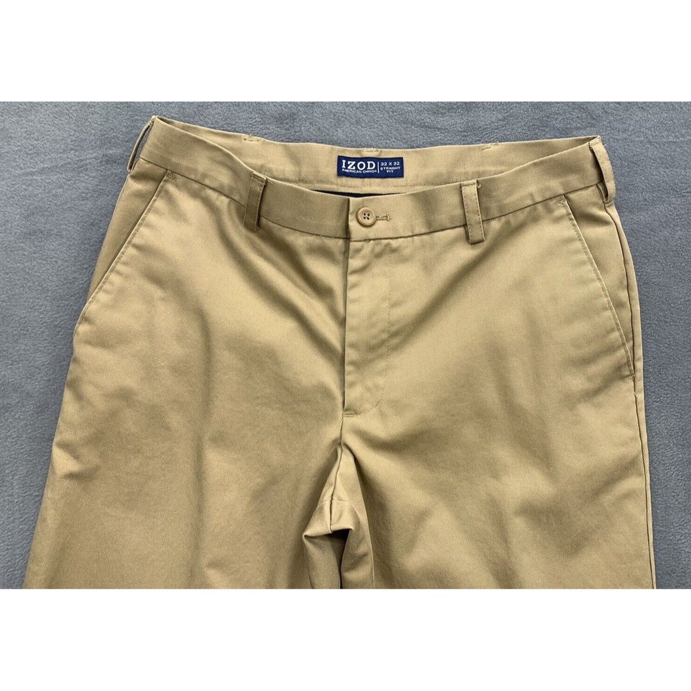 IZOD American Chino Pants Mens 32X32 Khaki Straight Fit Flat Front Pockets - Picture 2 of 16